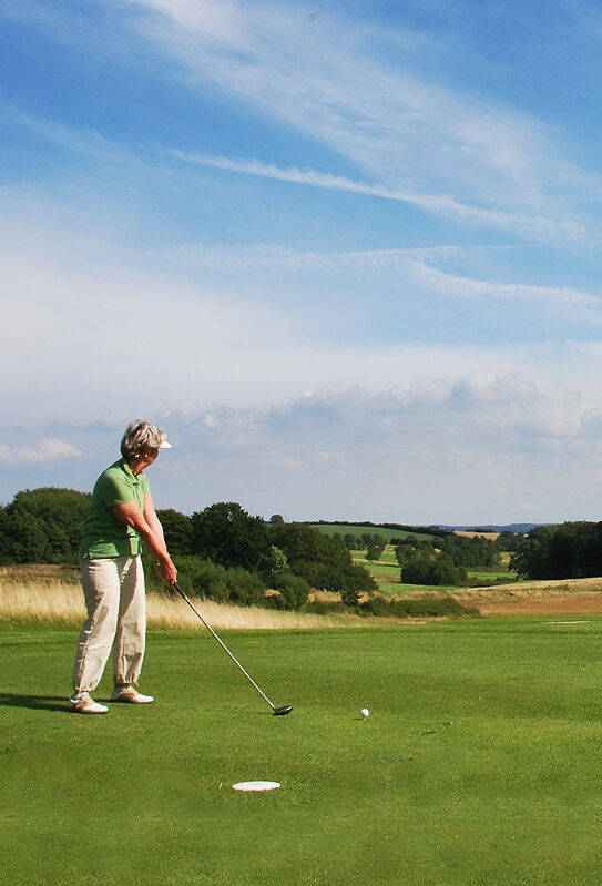 Golfer beim Abschlag auf einer grünen Fairway-Landschaft mit Baumreihen